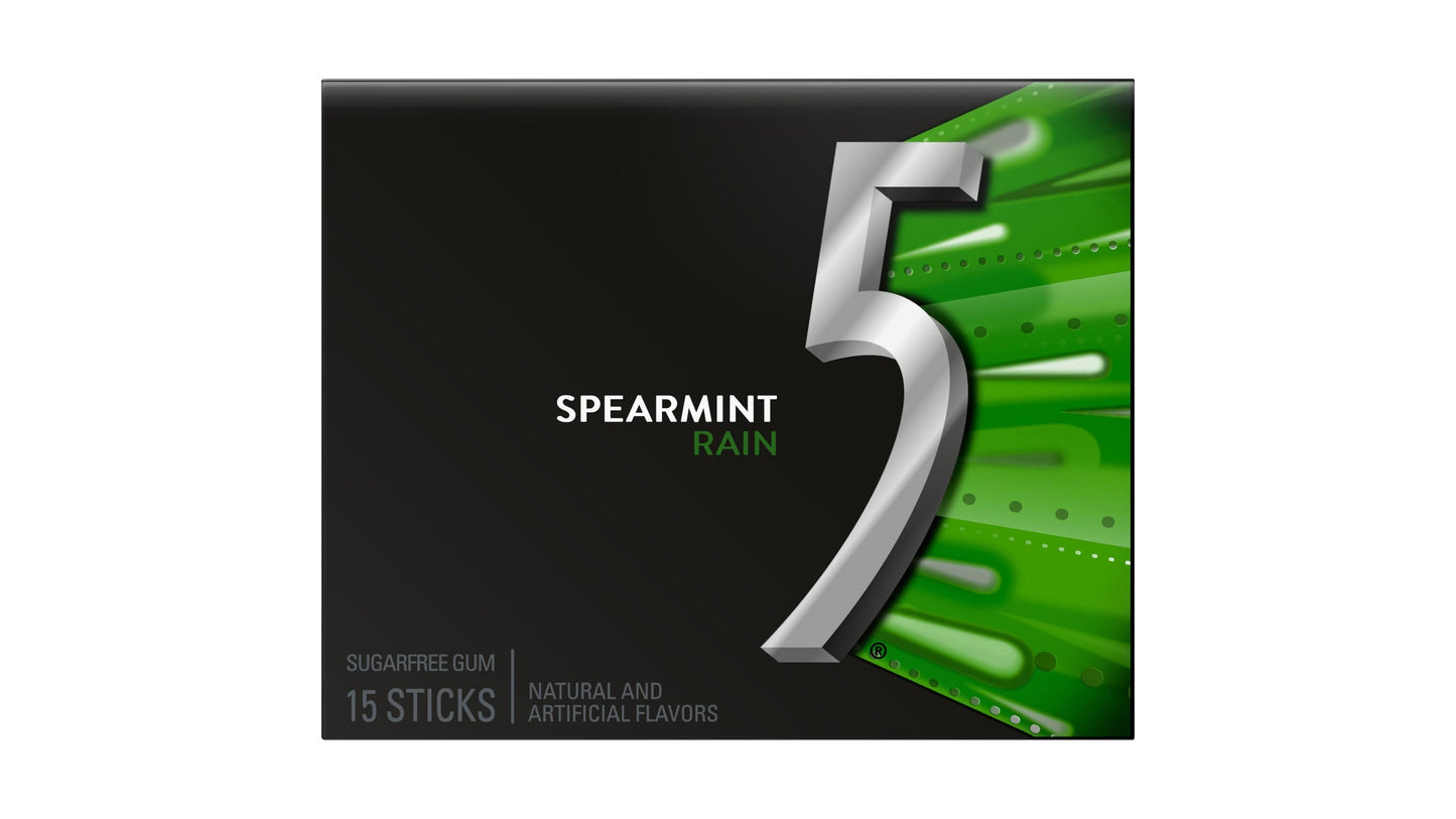 5 Gum Spearmint Rain Sugar Free Chewing Gum, 15 Piece Single Pack